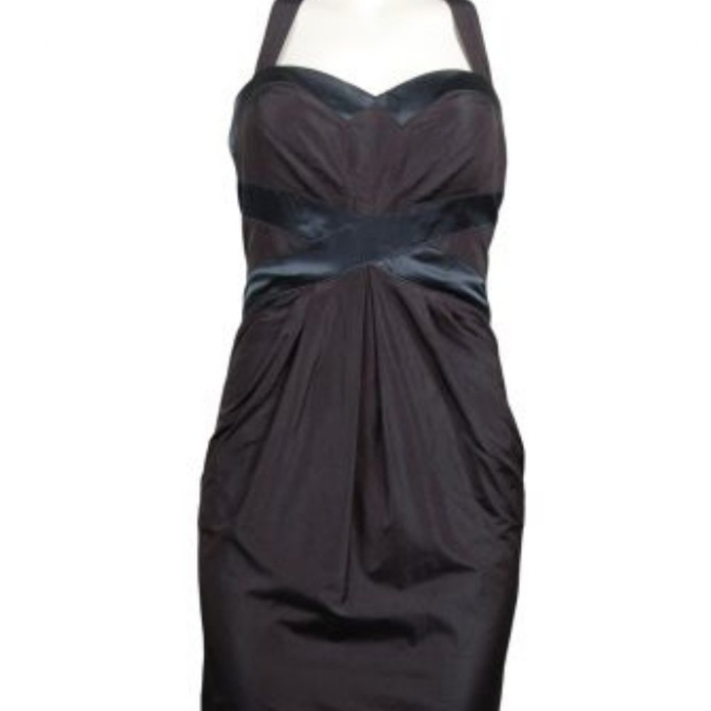 Suzi Chin Maggy Boutique Halter Neck Taffeta Dress with Silk Banding in Blue Sla